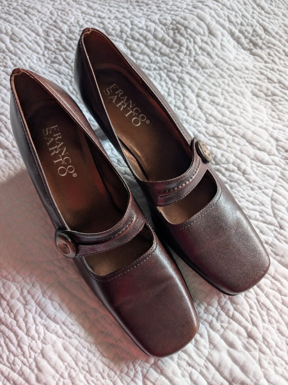 Franco Sarto Leather Mary Janes shoes, Dark Brown, Size 9B, EUC